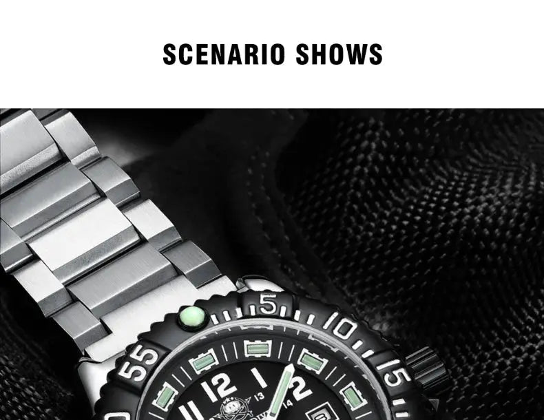 Addies Dive men's stainless steel quartz watch by Simples Market, black dial with luminous markers and rotating bezel