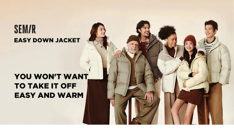 Semir down jackets group shot: six people in cream, beige and olive puffers; waterproof, windproof outerwear.