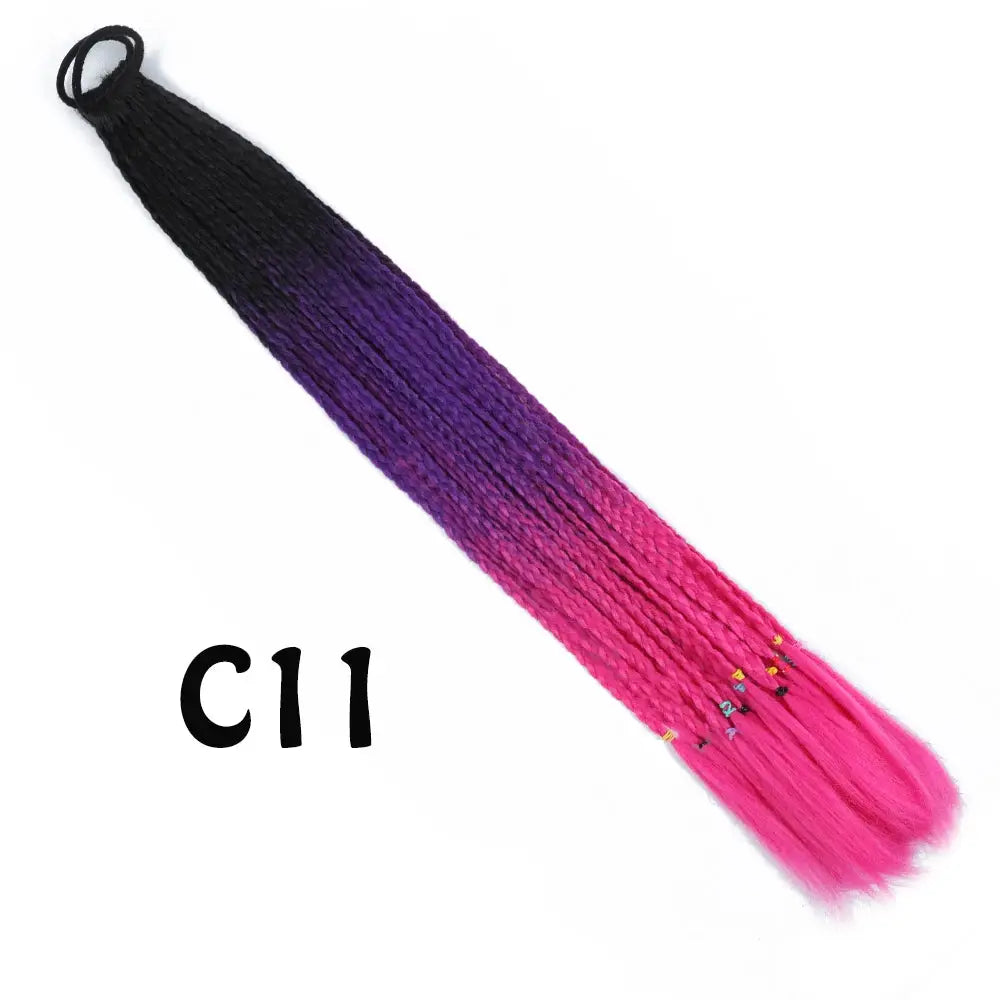 Synthetic gradient braided ponytail extension with elastic band in black–purple–pink gradient, 24 inches