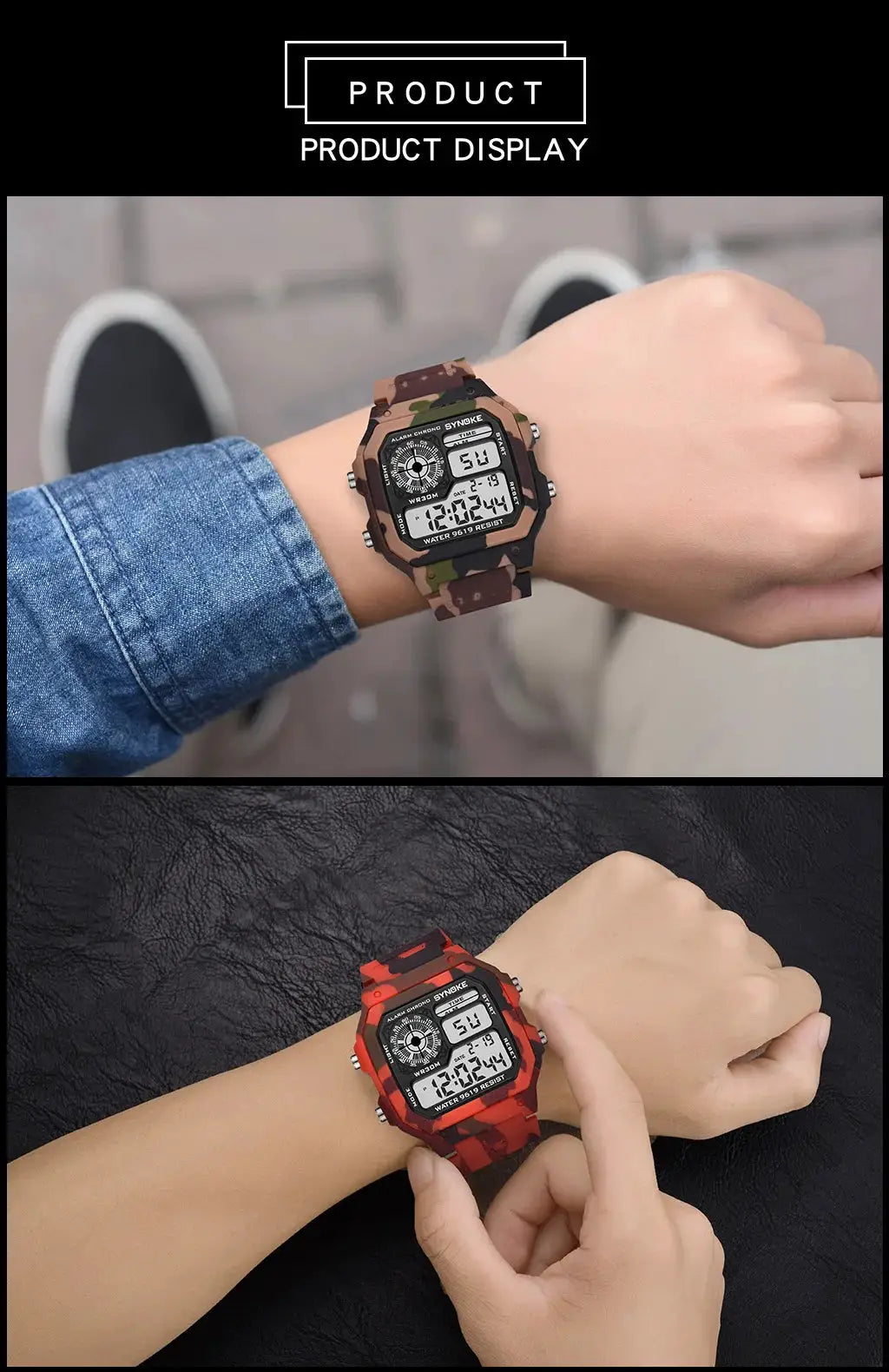 SYNOKE outdoor military digital watch on wrist with camo strap; brown camo top, red camo bottom; digital display.