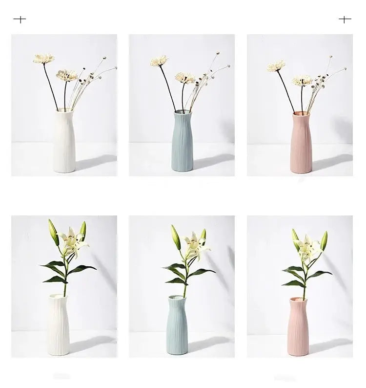 Nordic plastic vase set of six small vases in white, blue, and pink with dried flowers for modern living room decor