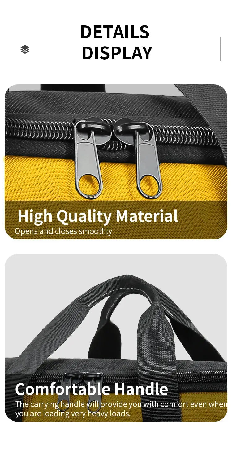 17 Inch tool bag with 6 exterior pockets, black and yellow fabric, double zippers and a comfortable carry handle