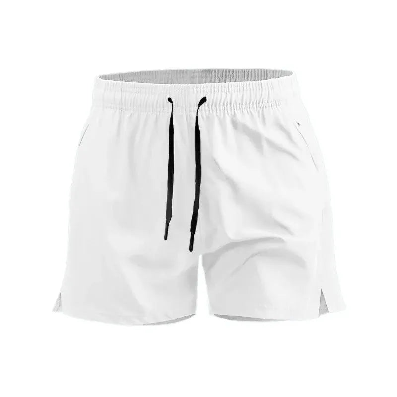 Summer men's sport workout shorts, white quick-dry fabric with black drawstring and pockets