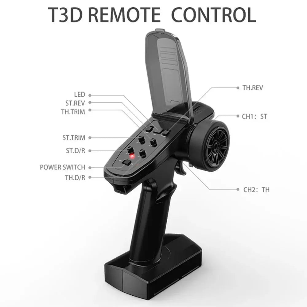 T3D remote control transmitter for 1/14 MJX RC car, black handheld controller with steering wheel and trim switches