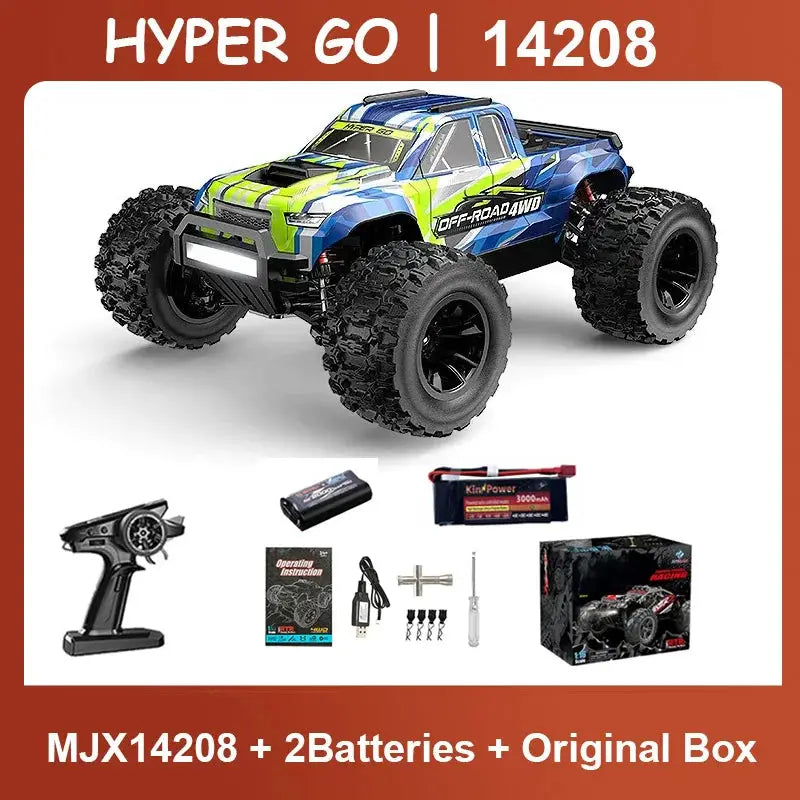 Hyper Go MJX 14208 1/14 off-road RC car with blue-green body and 2 batteries in original box