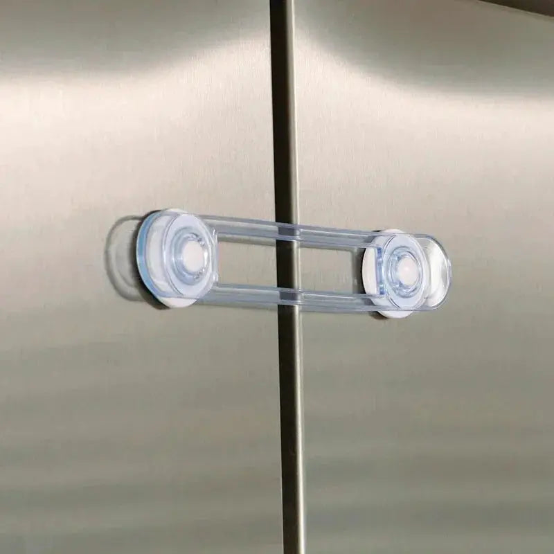 Simples Market transparent child safety lock for drawers and refrigerators; dual suction cups, clear soft strap.