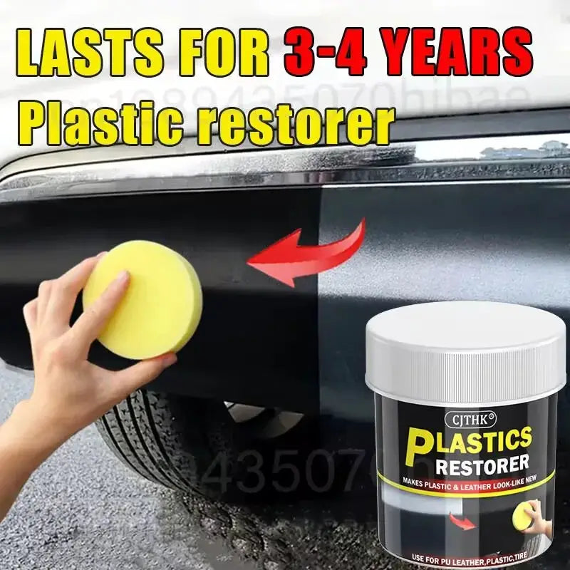 Car plastic restorer with CJTHK label; yellow sponge applying to black car trim