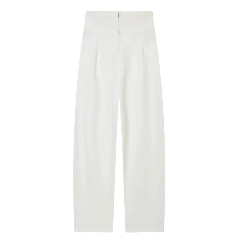 Trousers: white high-waist pleated casual pants with back zipper.