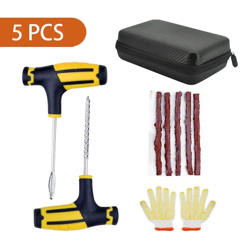 Tire Repair Kit by Simples Market: emergency puncture plug tool set with glue and rubber strips, 5 pcs in case with gloves