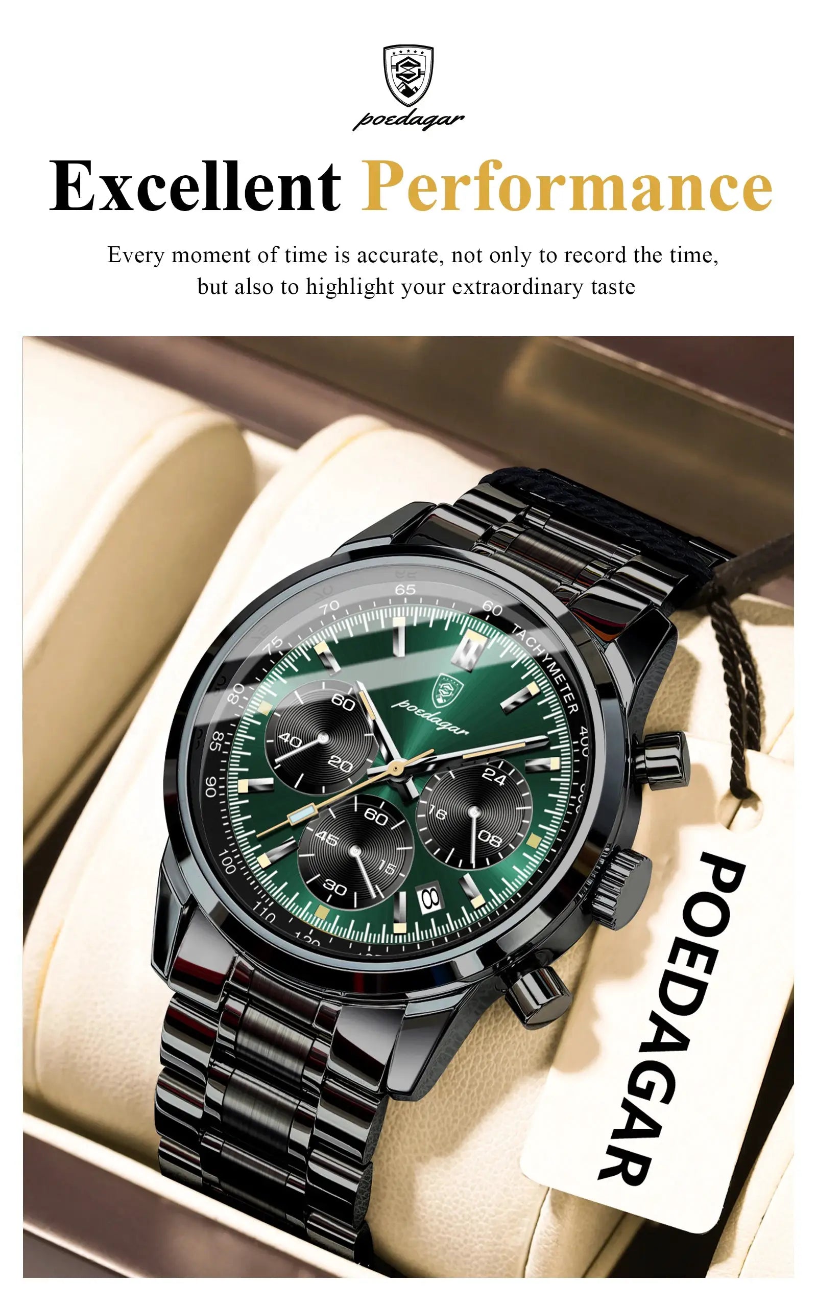 POEDAGAR men's luxury stainless steel chronograph watch with green dial, date window, tachymeter bezel