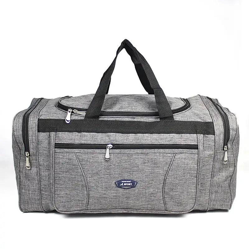 Oxford waterproof travel duffel bag, grey with black handles and front zip pocket