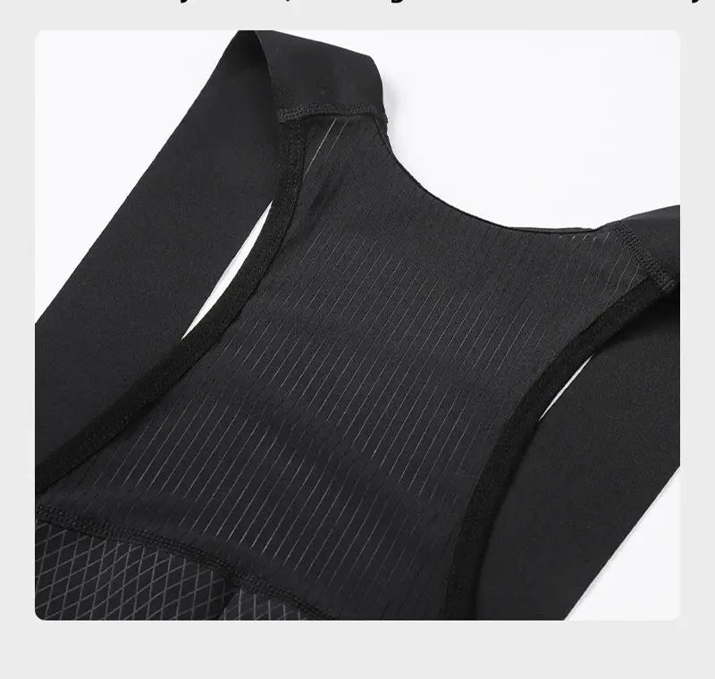 Black cycling bib shorts close-up showing shoulder straps and pinstriped fabric panels.