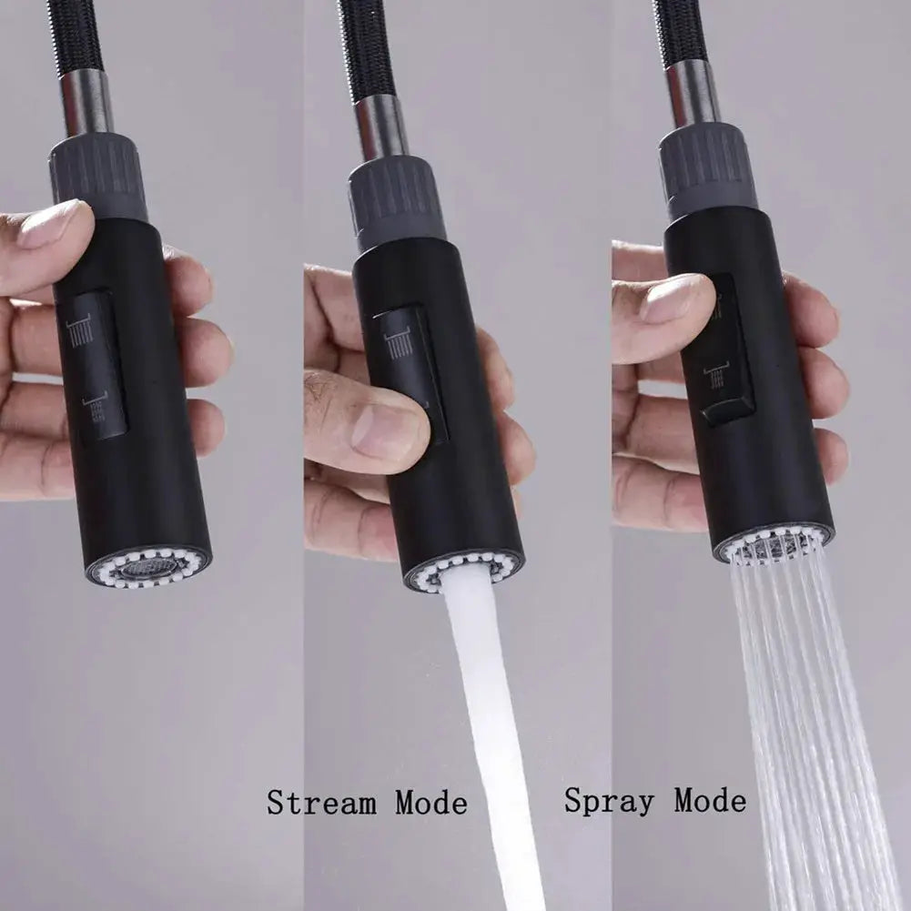 Replacement 2-mode pull-out faucet aerator spray head in black with gray collar, showing stream and spray modes.