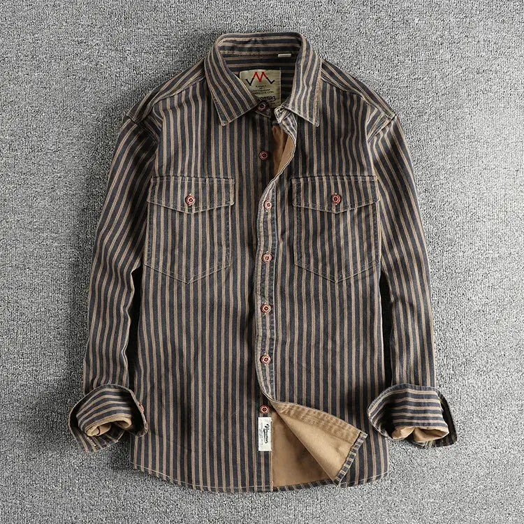 Simples Market striped long-sleeve button-down shirt with brown and navy stripes, two chest pockets, rolled cuffs.