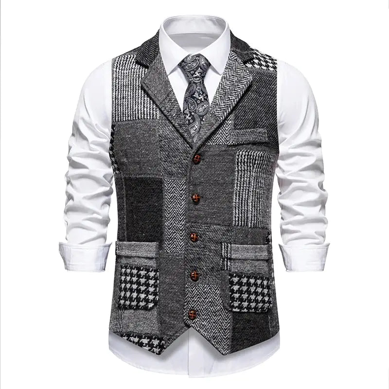 Green patchwork tweed waistcoat for men with lapels and brown buttons, worn over a white shirt.