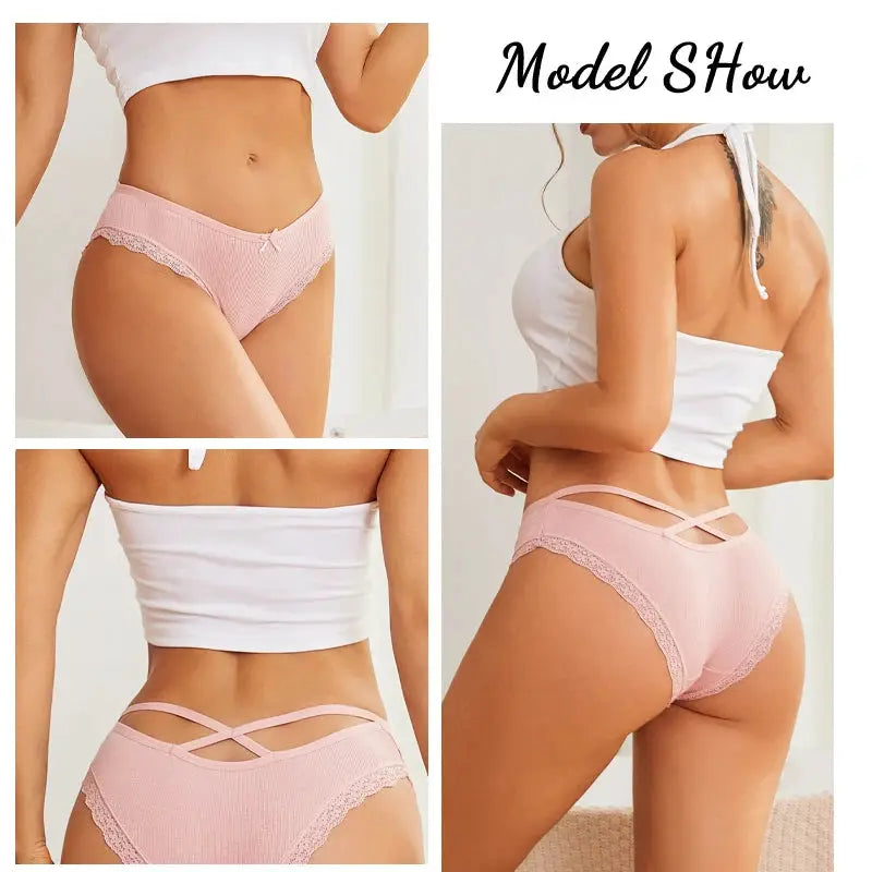 Women's pink lace briefs with crisscross back straps, shown from front and back views.