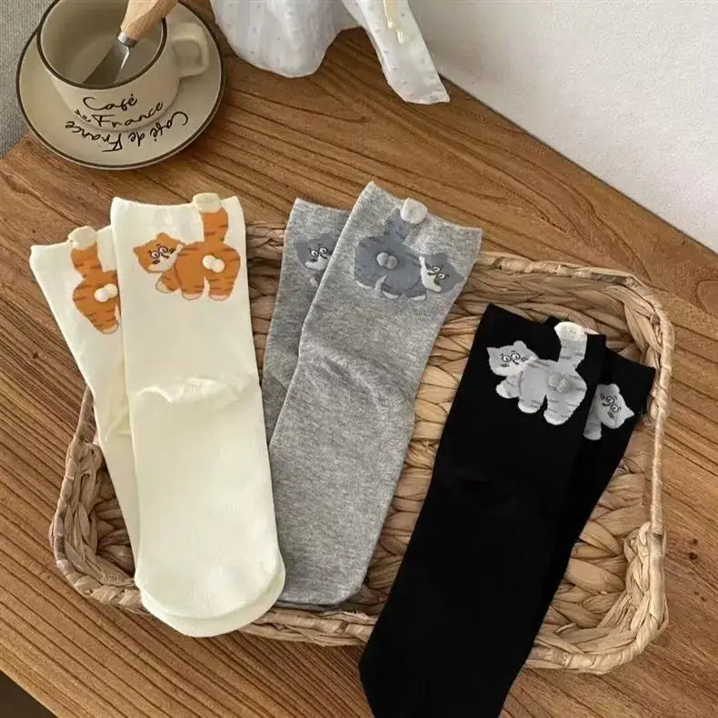 3D Cute Cat Socks Black And White Cotton Socks For Women And Girls Breathable Soft Kawaii Gift Sock Set