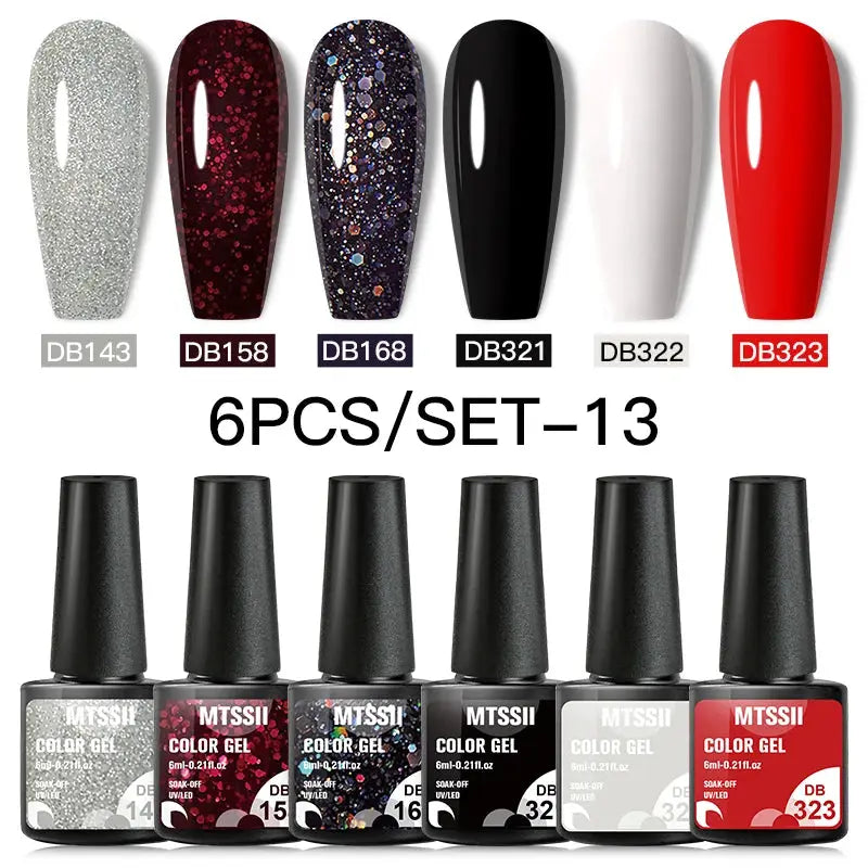 Gel nail polish set, 6-piece by Simples Market, featuring glitter sequins and solid colors for UV/LED soak-off nails