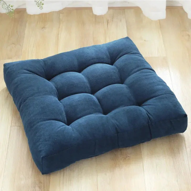 Floor pillow square blue tufted cushion for meditation, seating, and kneeling.