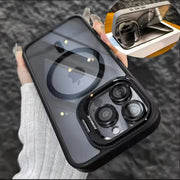 Black magnetic shockproof phone case for iPhone 11–17 Pro Max with MagSafe, built-in stand, lens protector