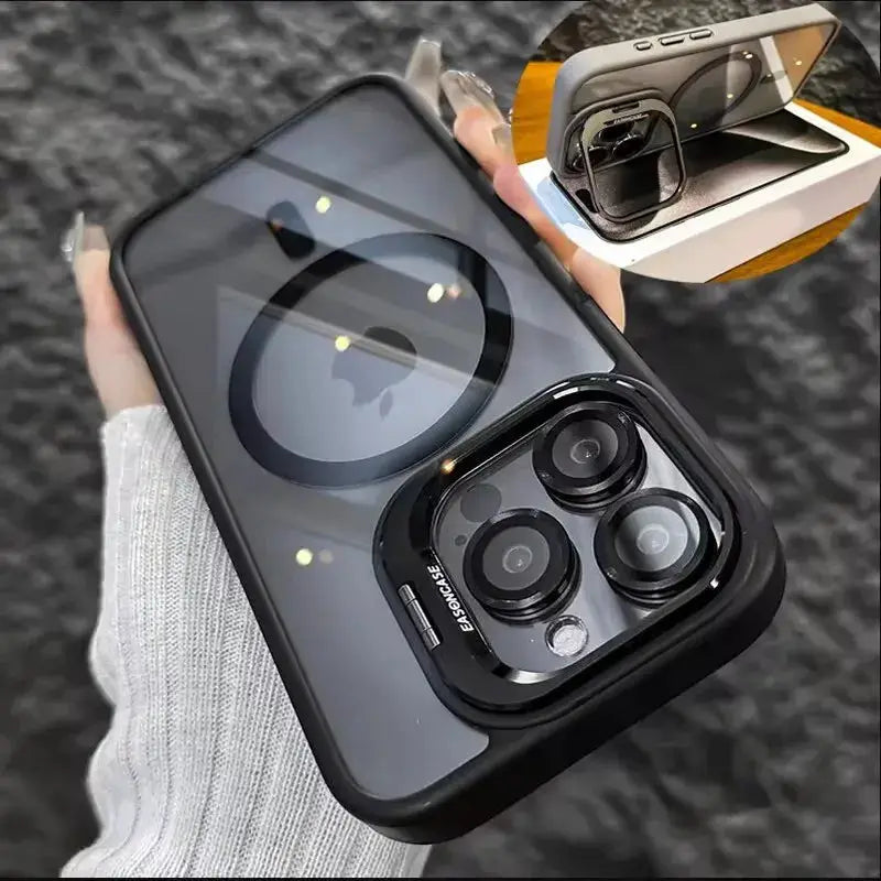 Black magnetic shockproof phone case for iPhone 11–17 Pro Max with MagSafe, built-in stand, lens protector