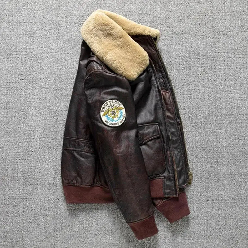 Air Force flight jacket by Simples Market in brown genuine cowhide leather with fur collar and sleeve patch