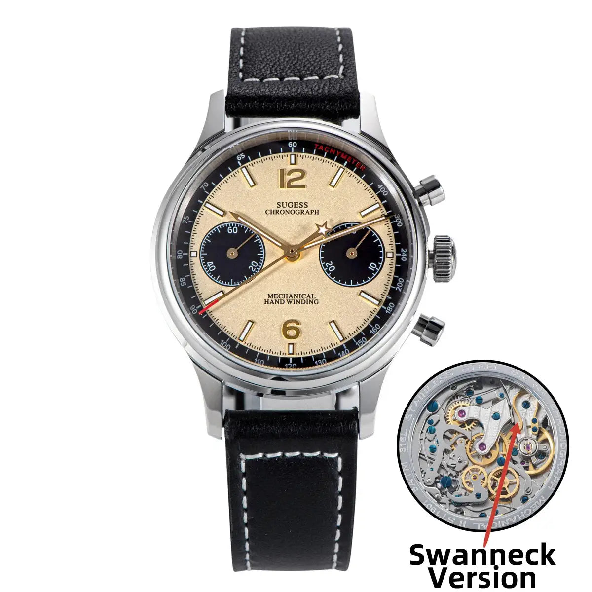 Sugess 1963 Pilot Chronograph watch with beige panda dial, black subdials, stainless steel case and black leather strap