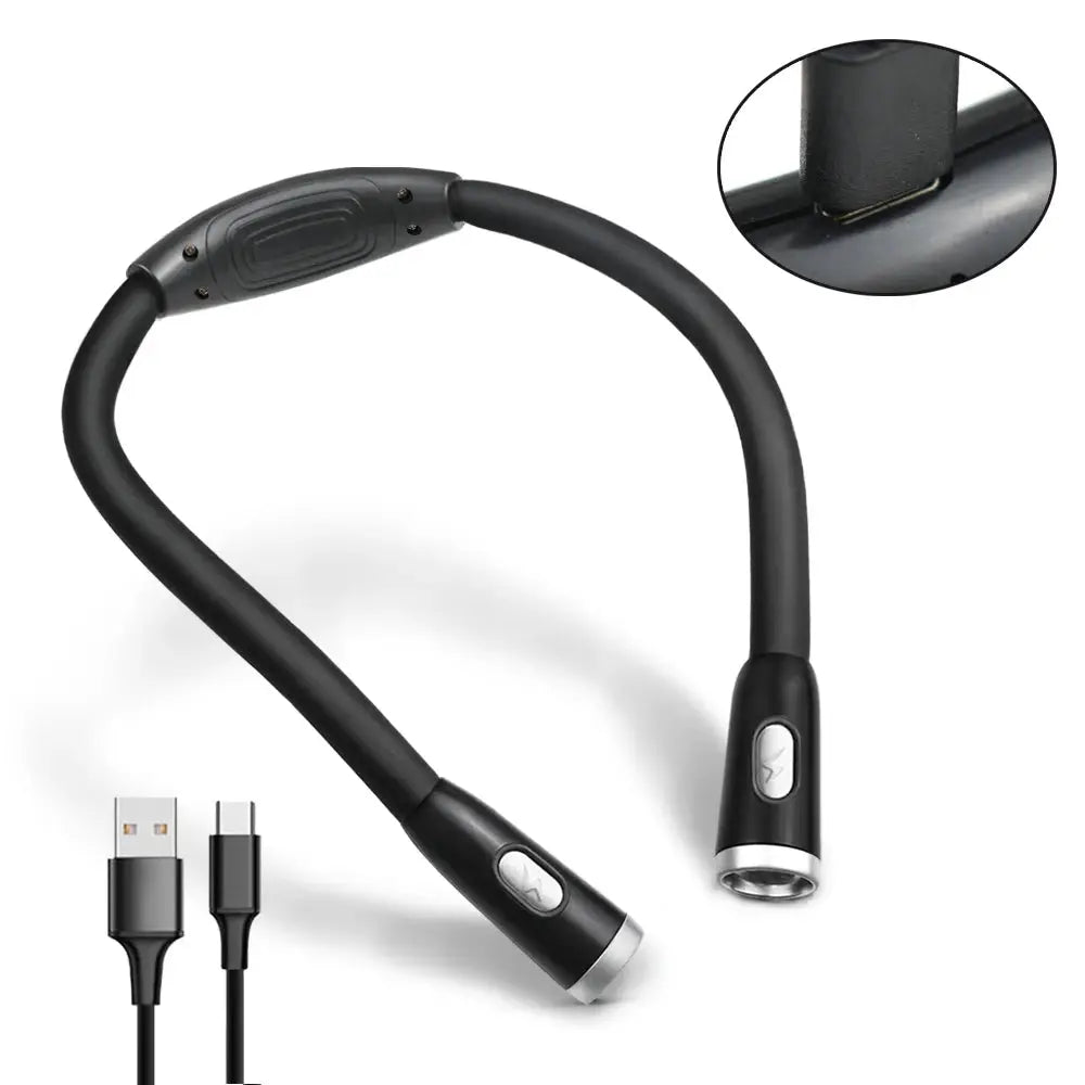 LED neck-hanging reading light with USB charging cable, black by Simples Market, eye protection for night reading