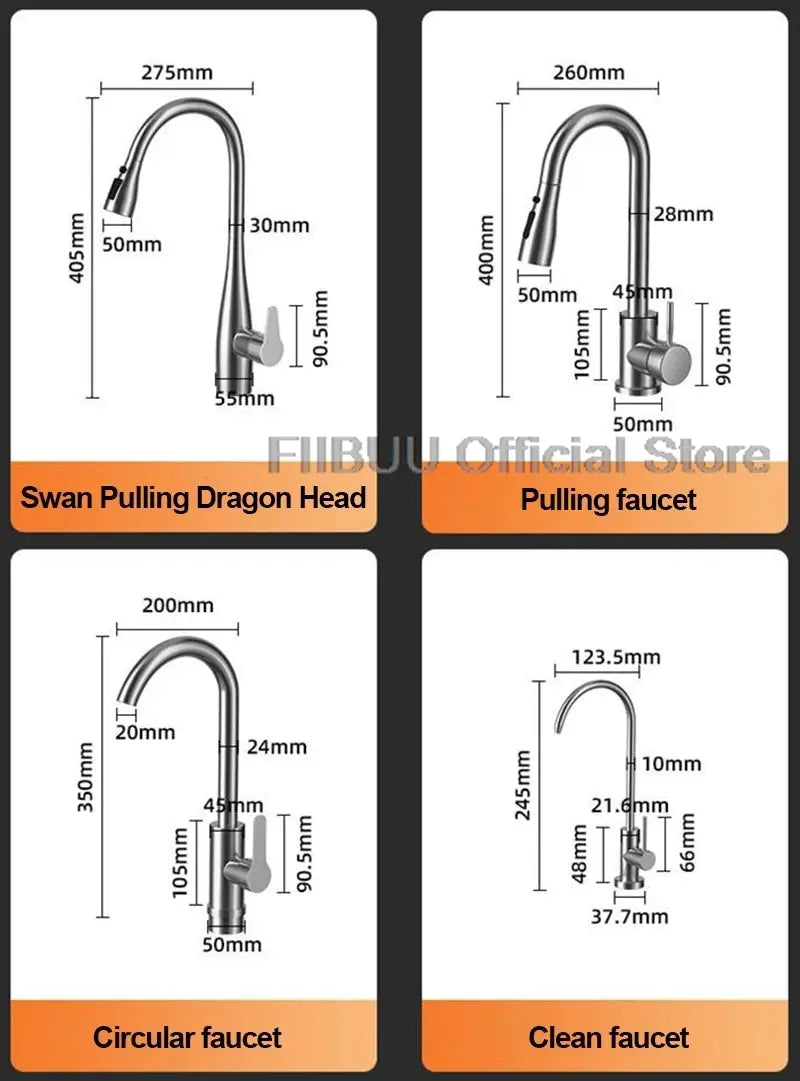 Simples Market 304 stainless kitchen faucet set, 4 options: Swan Pulling Dragon Head, Pulling, Circular, Clean faucet.
