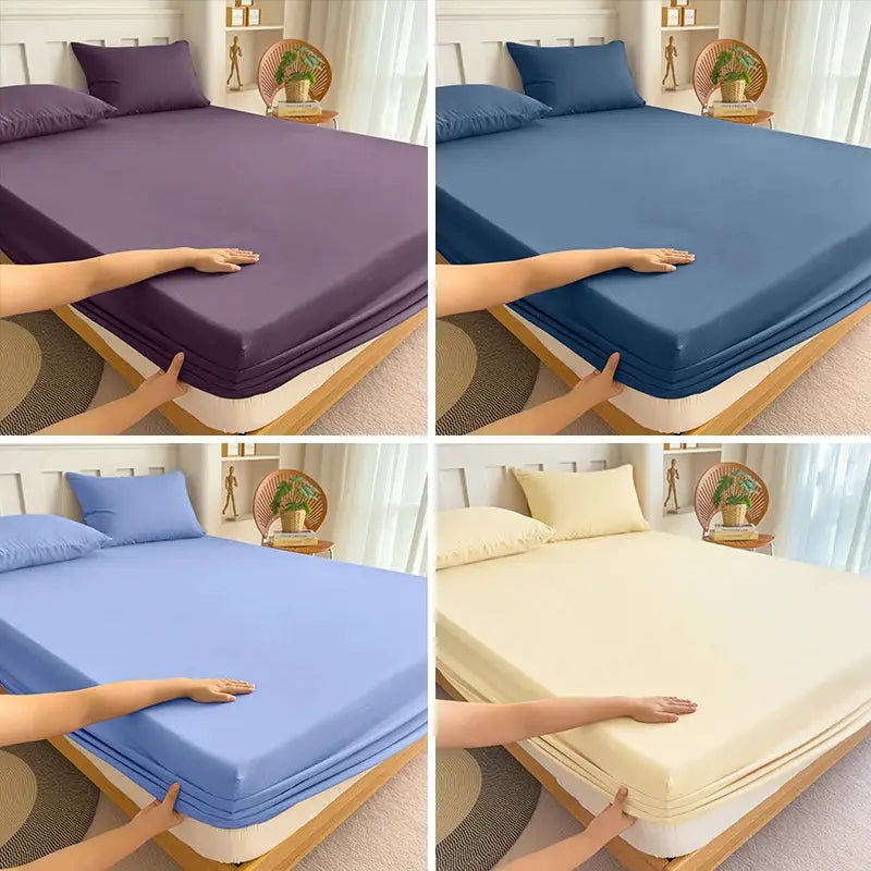 Fitted bed sheet with elastic edge, set of 4 colors (purple, blue, light blue, beige), 100% polyester.