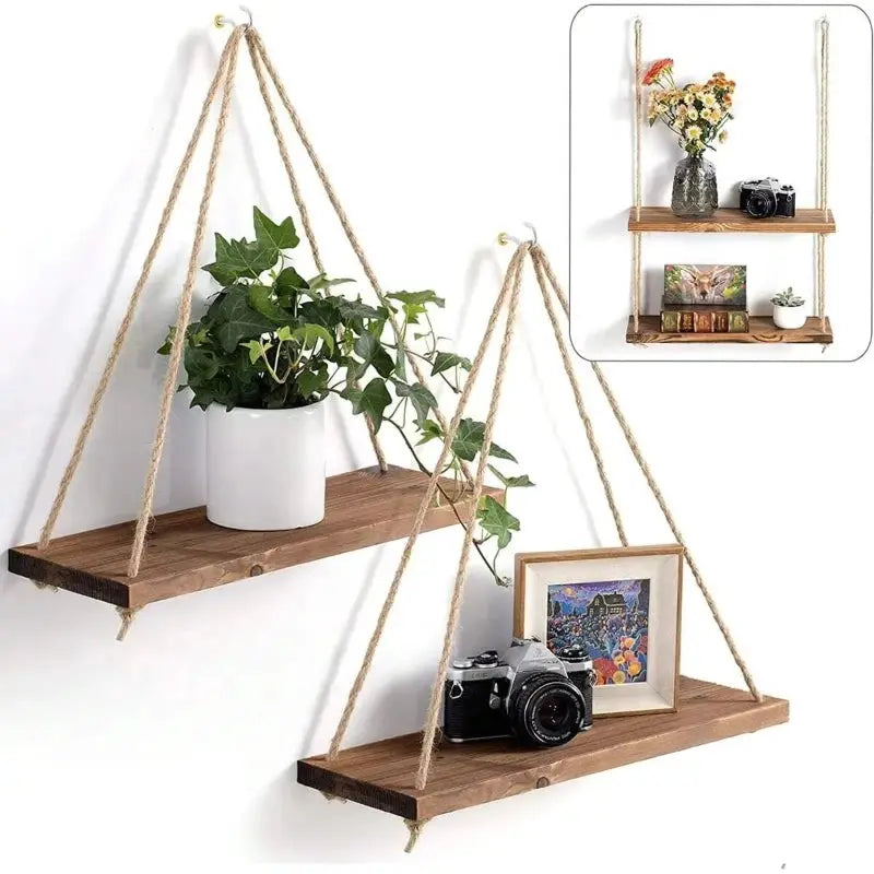 Wooden Hanging Shelf With Hemp Rope Wall Mounted Floating Shelf For Plants And Decor In Living Room