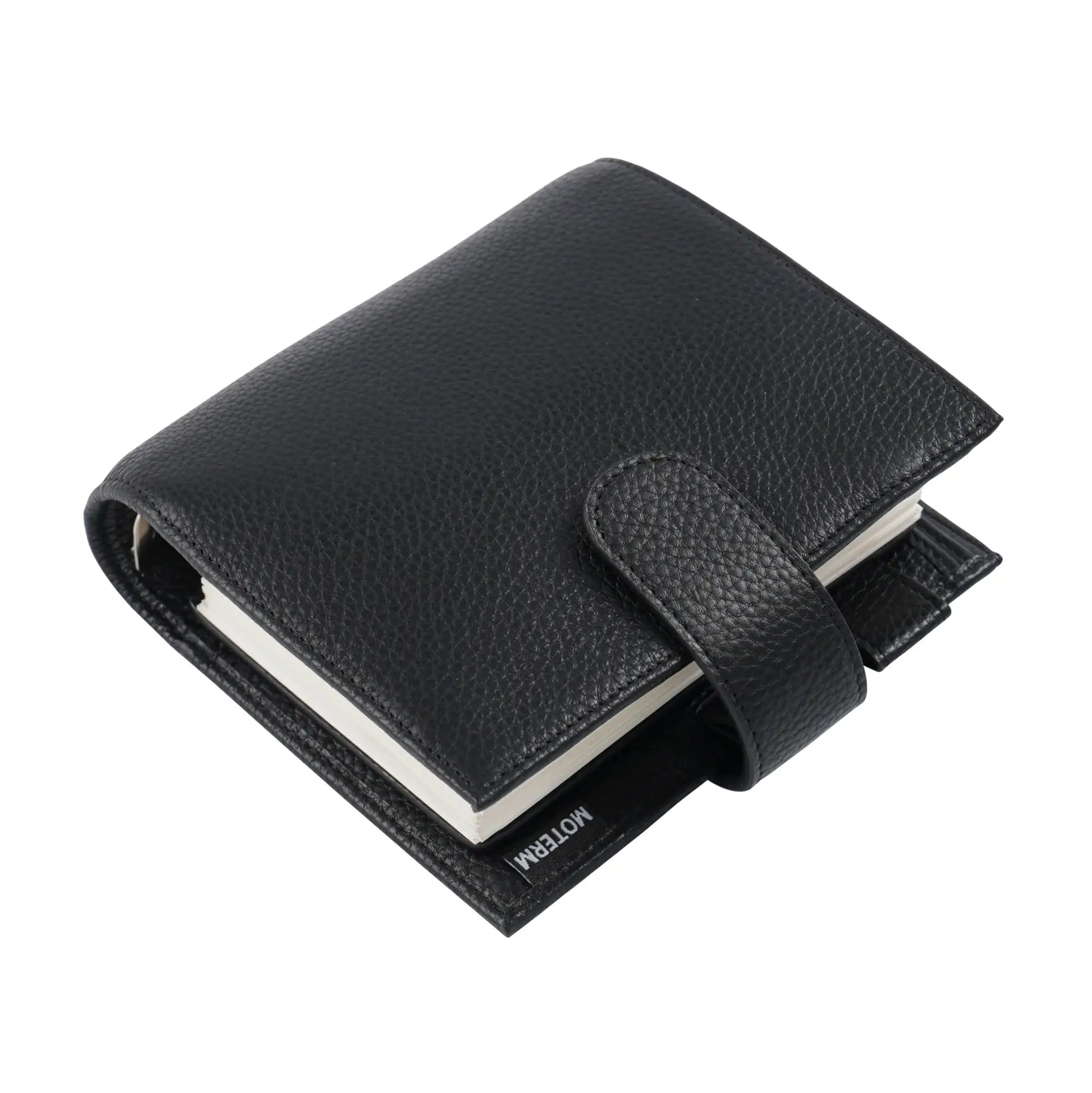 Moterm Luxe 2.0 pocket-size planner in black pebbled leather with white pages and 30mm rings