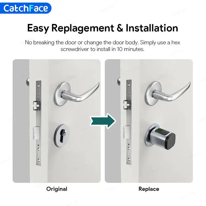 V1 Pro+ smart door lock by CatchFace: original mechanical lock left, upgraded digital smart lock right.