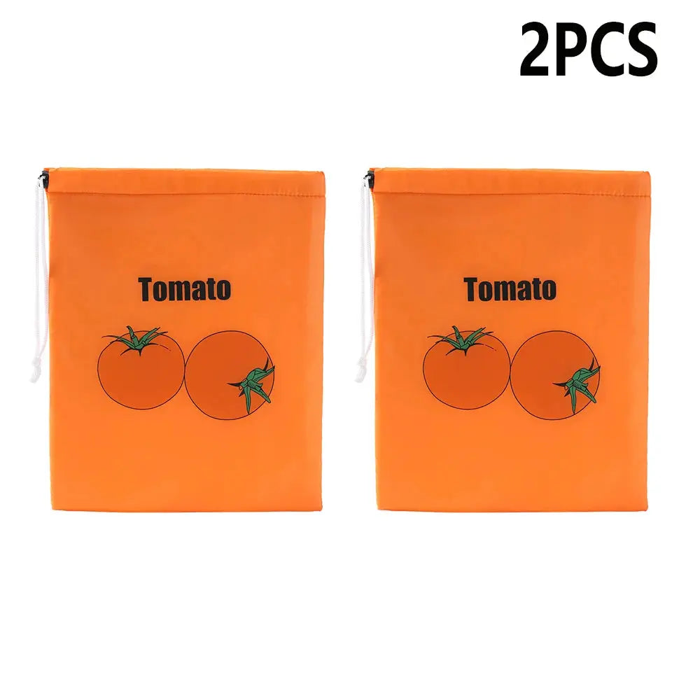 Two orange tomato storage bags with tomato graphics and Tomato label, zip-top, 2 pieces