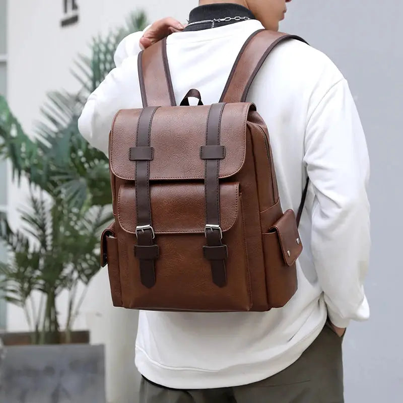 Simples Market brown PU leather laptop backpack with dual buckle straps