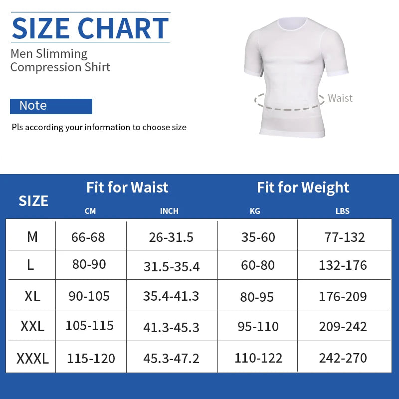 Men's slimming compression shirt size chart with a white short-sleeve top illustration and waist measurement diagram