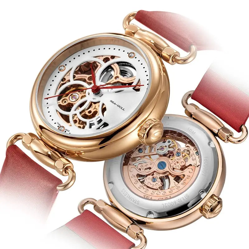 Sea-Gull women's skeleton automatic watch with rose-gold case and pink leather strap