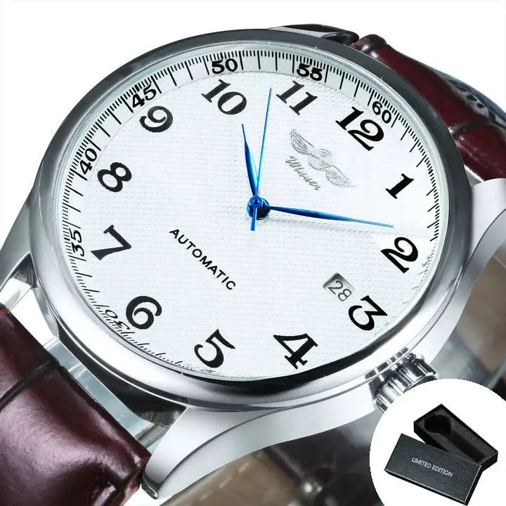 WINNER men's automatic wristwatch with white textured dial, blue hands, date window, steel case and brown leather strap