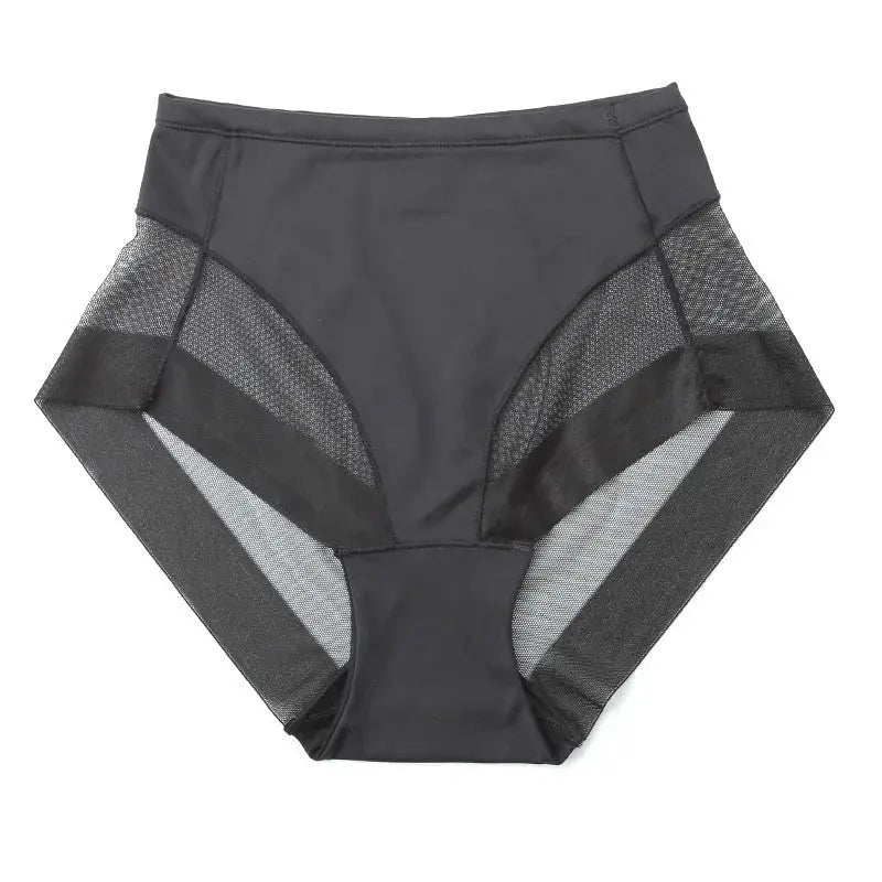 Womens high-waist shapewear panties with mesh panels in dark gray