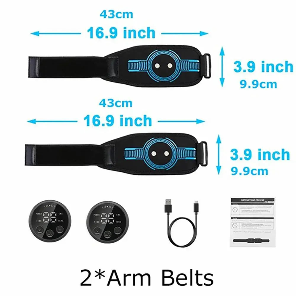 Simples Market EMS Belt Massage Set: 2 black arm belts with blue accents, USB charging cable and control modules.