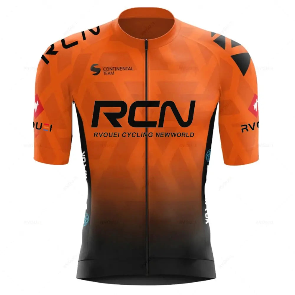 Cycling jersey with half sleeves in orange-to-black gradient, full front zipper, and large RCN logo.