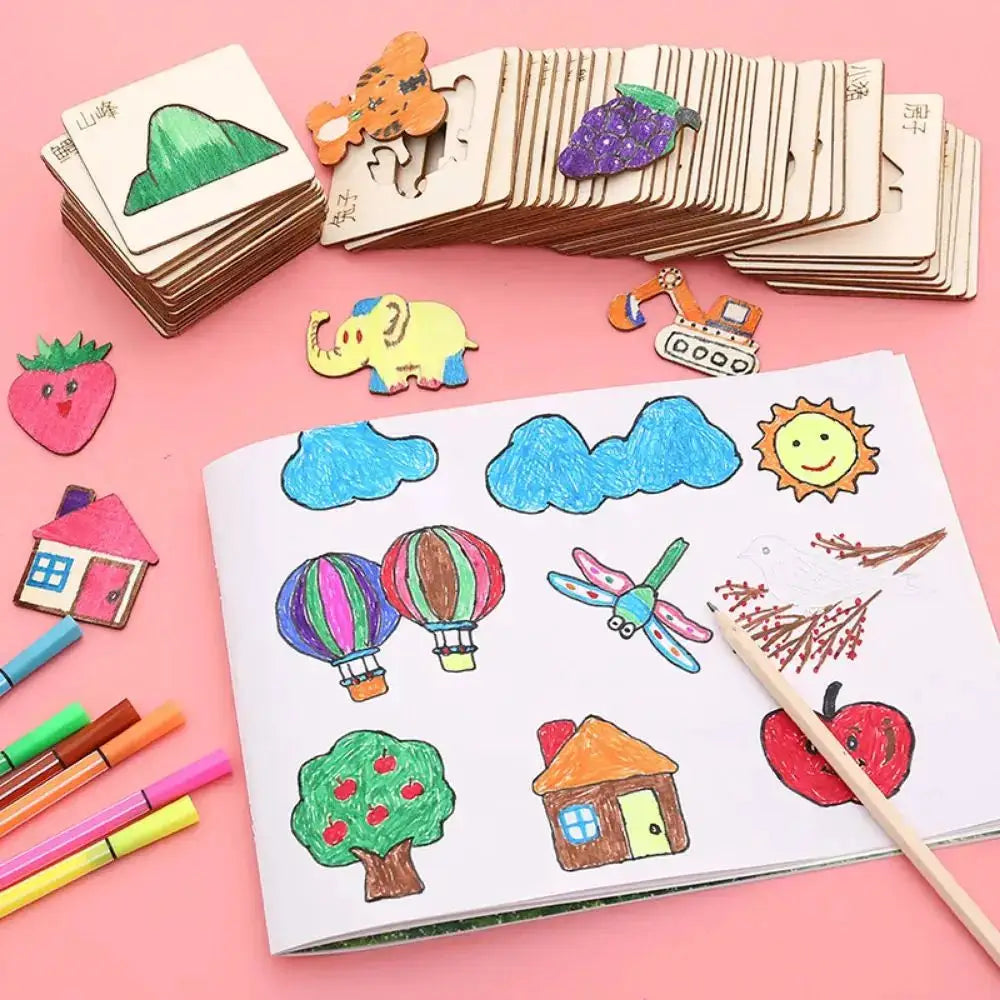 20 Pieces Montessori Wooden DIY Painting Stencils Set For Kids Educational Craft Toys And Puzzles Gift