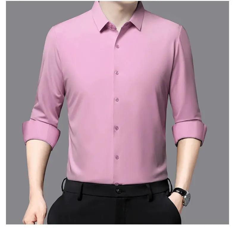 Men's pink silky long-sleeve dress shirt with rolled cuffs
