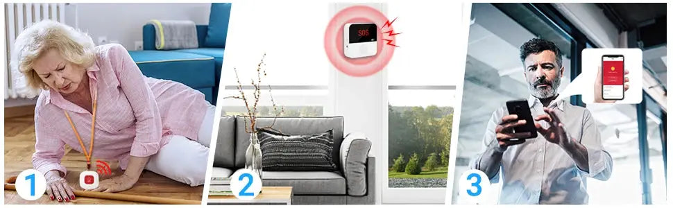 Simples Market Wireless SOS Call Button system for seniors; white compact device for at-home care with mobile app alerts.