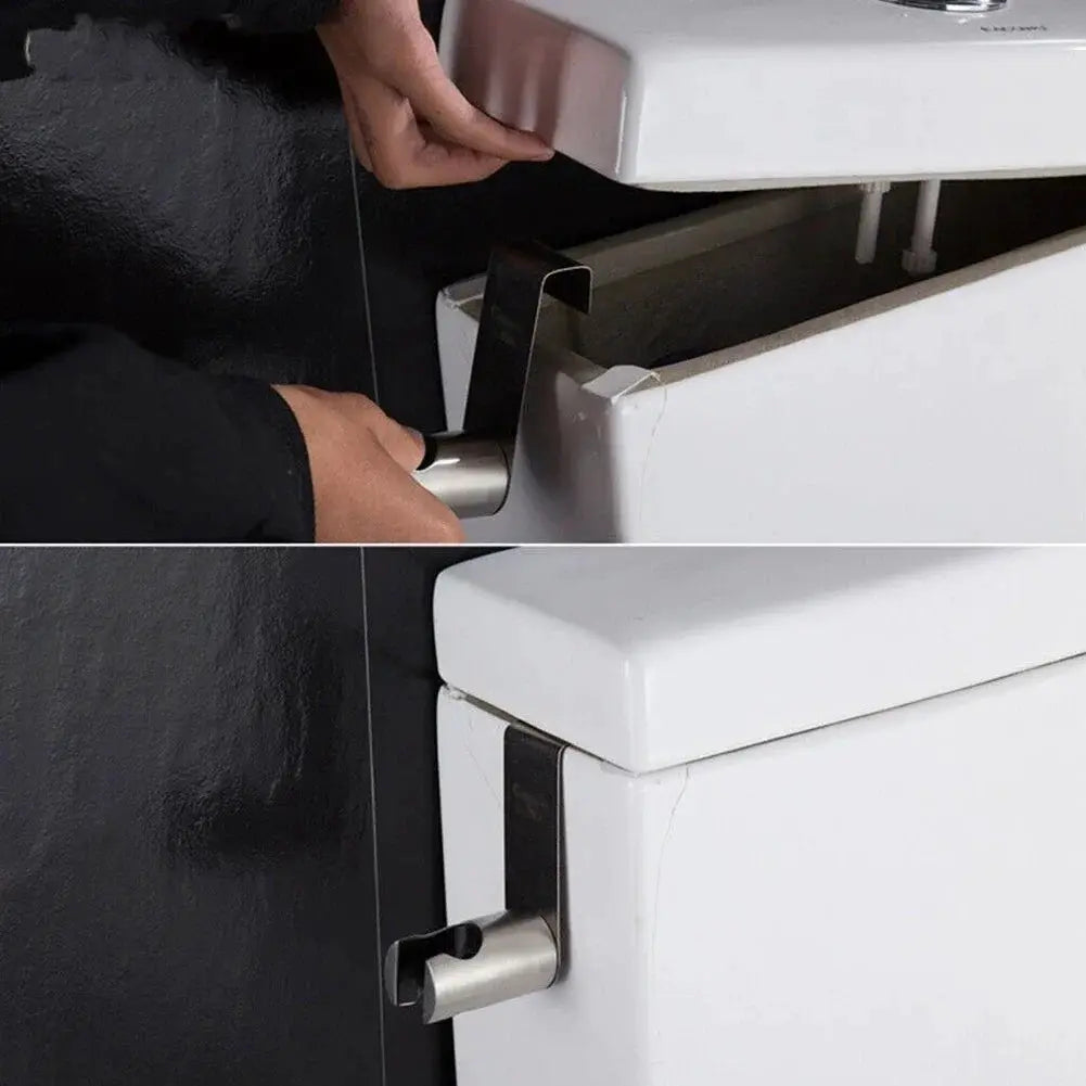 Stainless steel bidet sprayer holder bracket mounted on white toilet, Simples Market