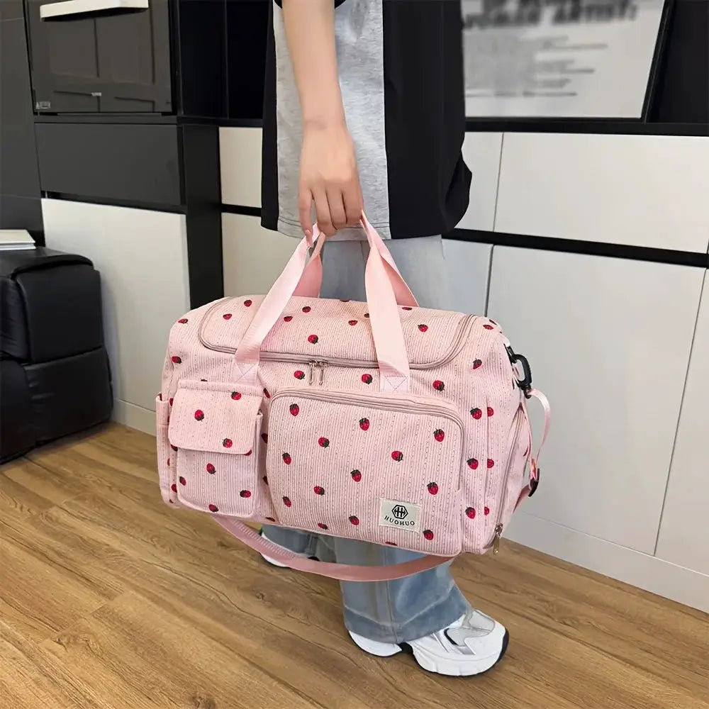 Strawberry Travel Bag pink corduroy with large capacity, Simples Market, crossbody strap