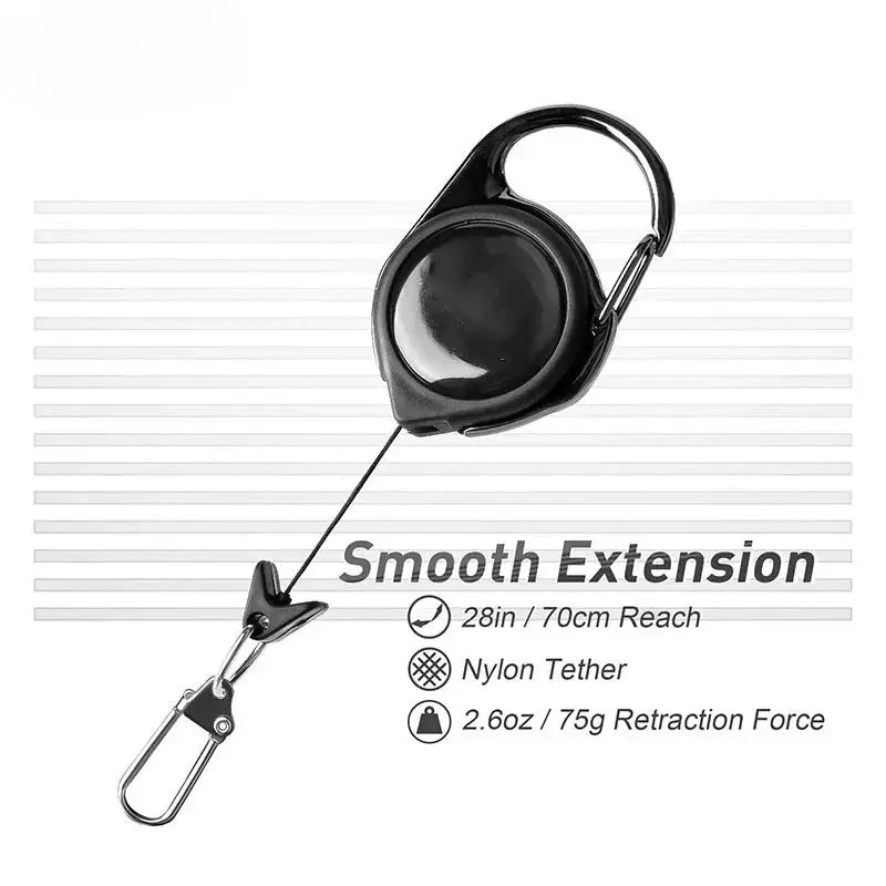 Retractable heavy-duty pull reel carabiner by Simples Market with black nylon tether and steel wire rope keychain