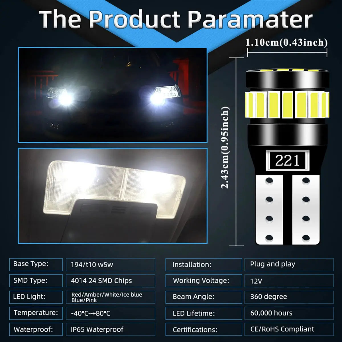 Two Pcs T10 W5W 24LED Canbus No Error 12V Bulbs For Interior Side Light And License Plate Auto White