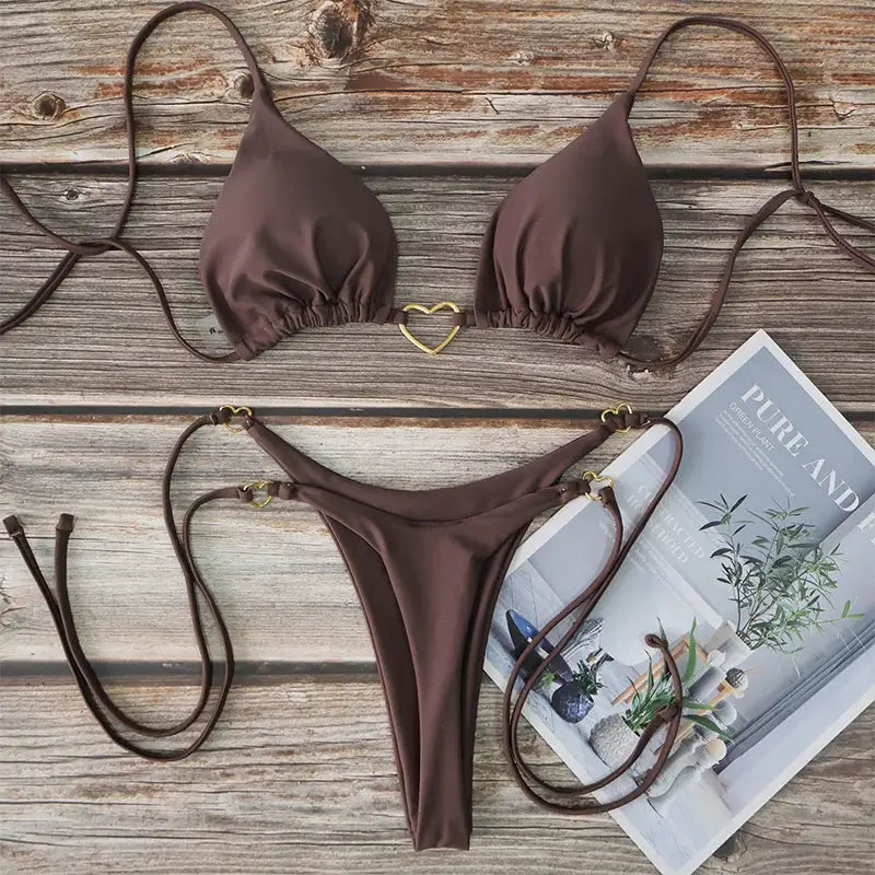 Sexy Halter Bikini Set Women Solid Color Two Piece Triangle Thong Swimwear Bathing Suit Brazilian Biquinis