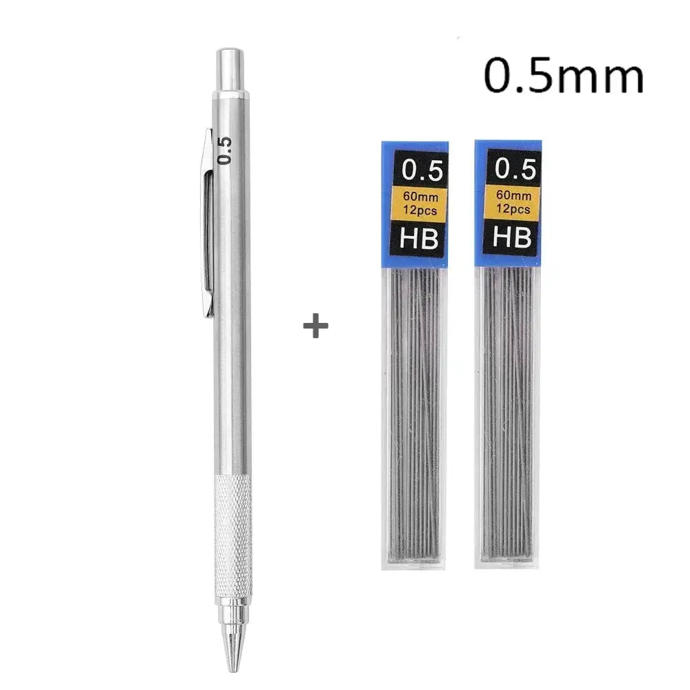 Metal mechanical pencil with 0.5mm marking + two packs of HB 60mm lead refills (12pcs each)